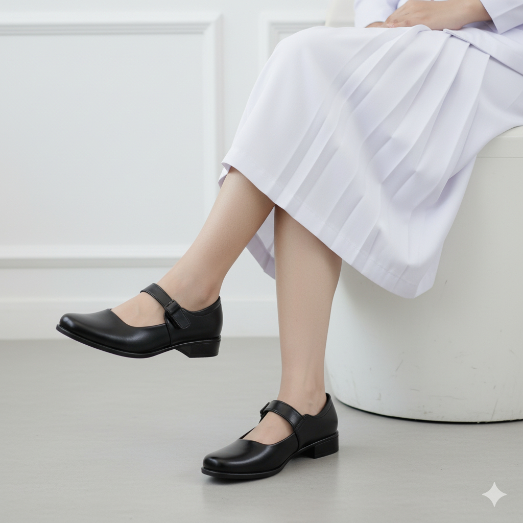 Zavatu Sepatu Pantofel Wanita | Sepatu Paskibra Hak 2.5 Cm Big Size Jumbo ZDU 497 Putih Hitam dop