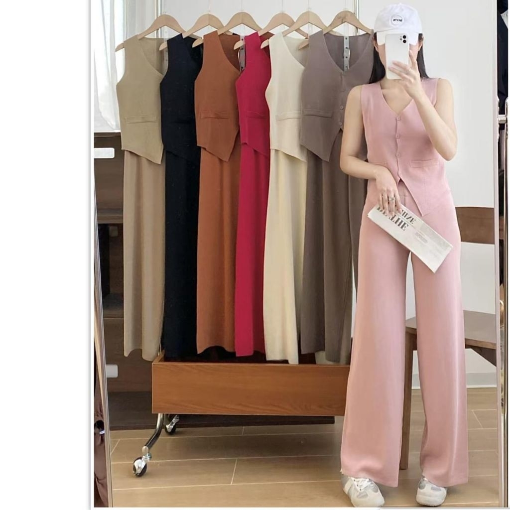 S8730 Setelan ONESET 2PCS baju set celana panjang rajut LADONNA KNIT BUTTON UP VEST PANTS polos Vnec