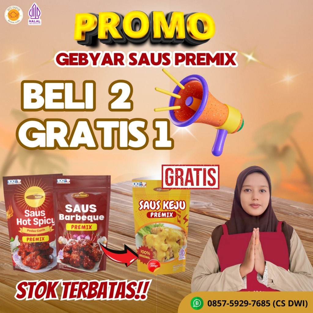 

PROMO Saus Barbaque Premix dan Saus Hot Spicy premix GRATIS Saus Keju Alifafood (BELI 2 GRATIS 1 )