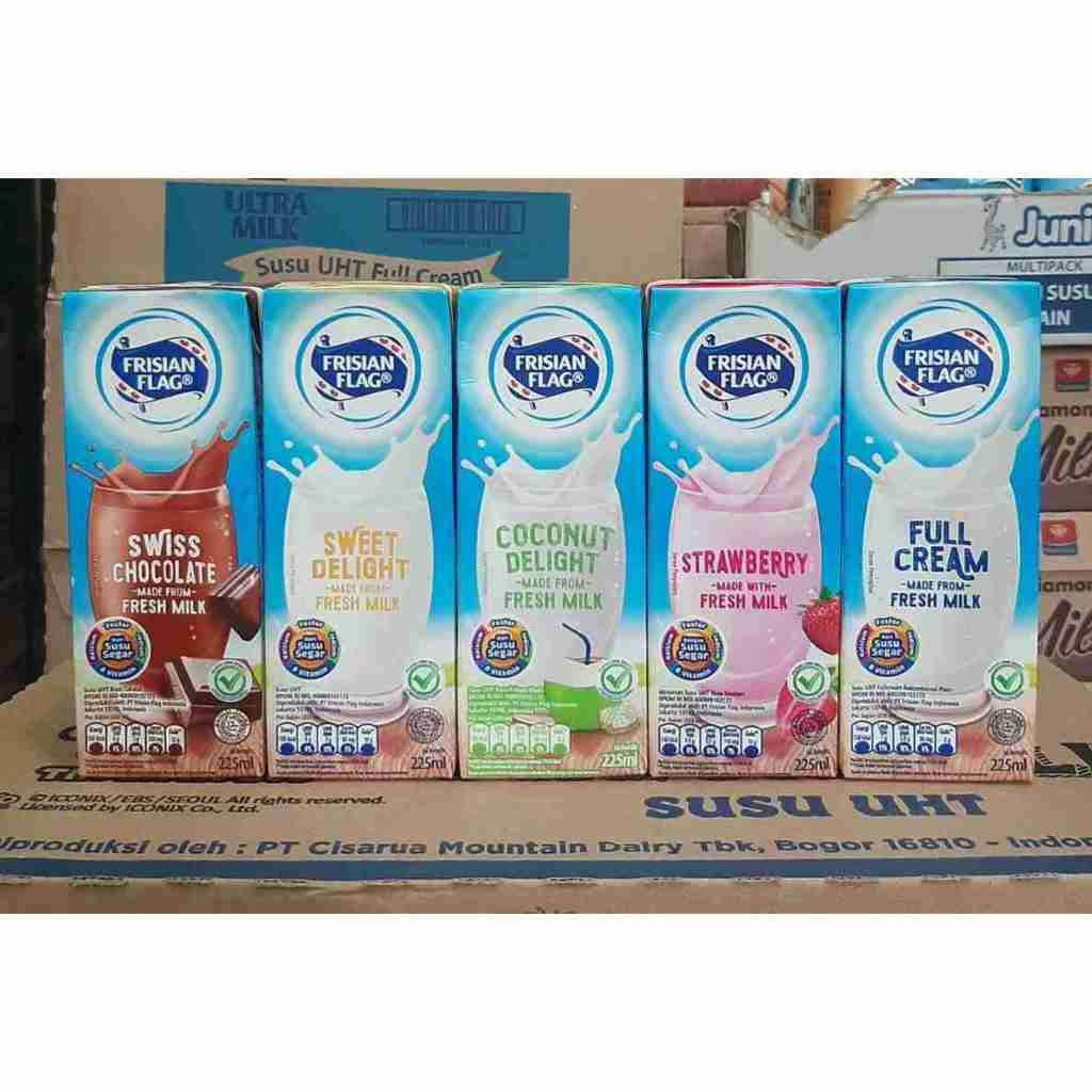 

Susu UHT Cair Kotak Frisian Flag / Bendera 225 Ml x 8 Varian Coconut Delight, Full Cream Fresh Milk, Low Fat ( Belgian Choco, Californian Strawberry, French Vanilla ), Sweet Delight, Swiss Chocolate, Sereal, Coffee, Nutribrain 8 x 180 Ml Cokelat, Stroberi