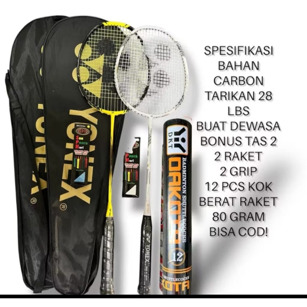 PAKET KOMPLIT RAKET CARBON DEWASA YONEX LINING VICTOR 28LBS KOK DAKOTA GRIP