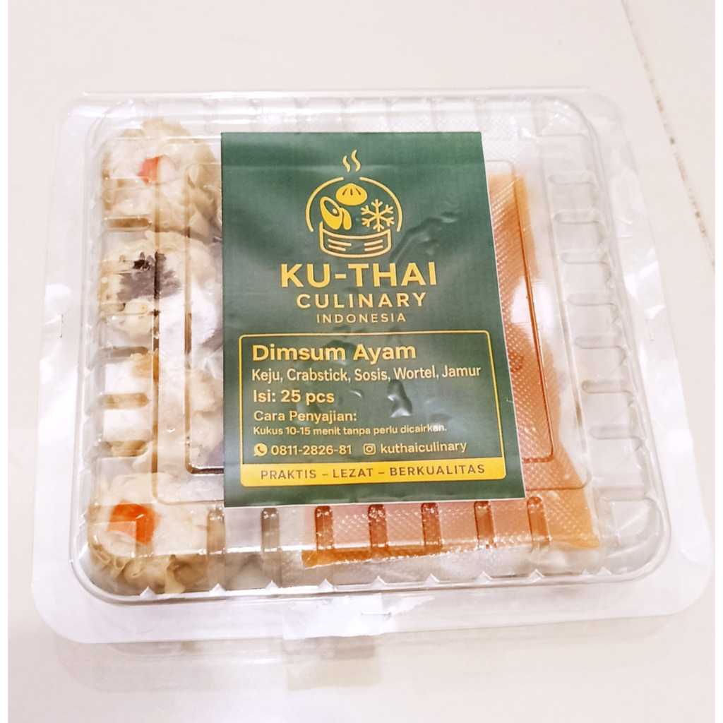 

Dimsum Ku-Thai Family Pack – Isi 25 pcs Frozen + Saus Handmade. Lezat, praktis, higienis. Isi ayam pilihan dengan topping keju, crabstick, sosis, wortel, jamur. Pas untuk camilan keluarga, arisan, hingga hampers.