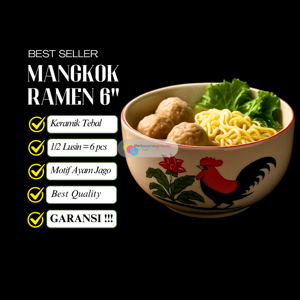 Mangkok Keramik 1/2 Lusin Aesthetic Tahan Panas Besar 6inch Motif Ayam Jago