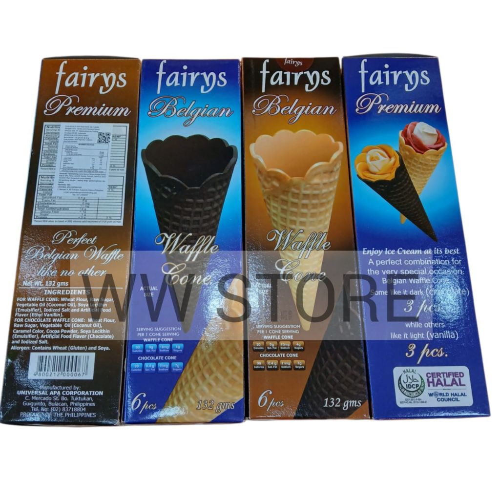 

Contong wafer untuk es krim rasa vanila dan coklat cokelat halal Filipina Pilipina Philippines fairys Belgian Vanilla & Chocolate Flavour Flavor Premium Waffle Cone Wafer Cones isi 6pcs ( 132g )