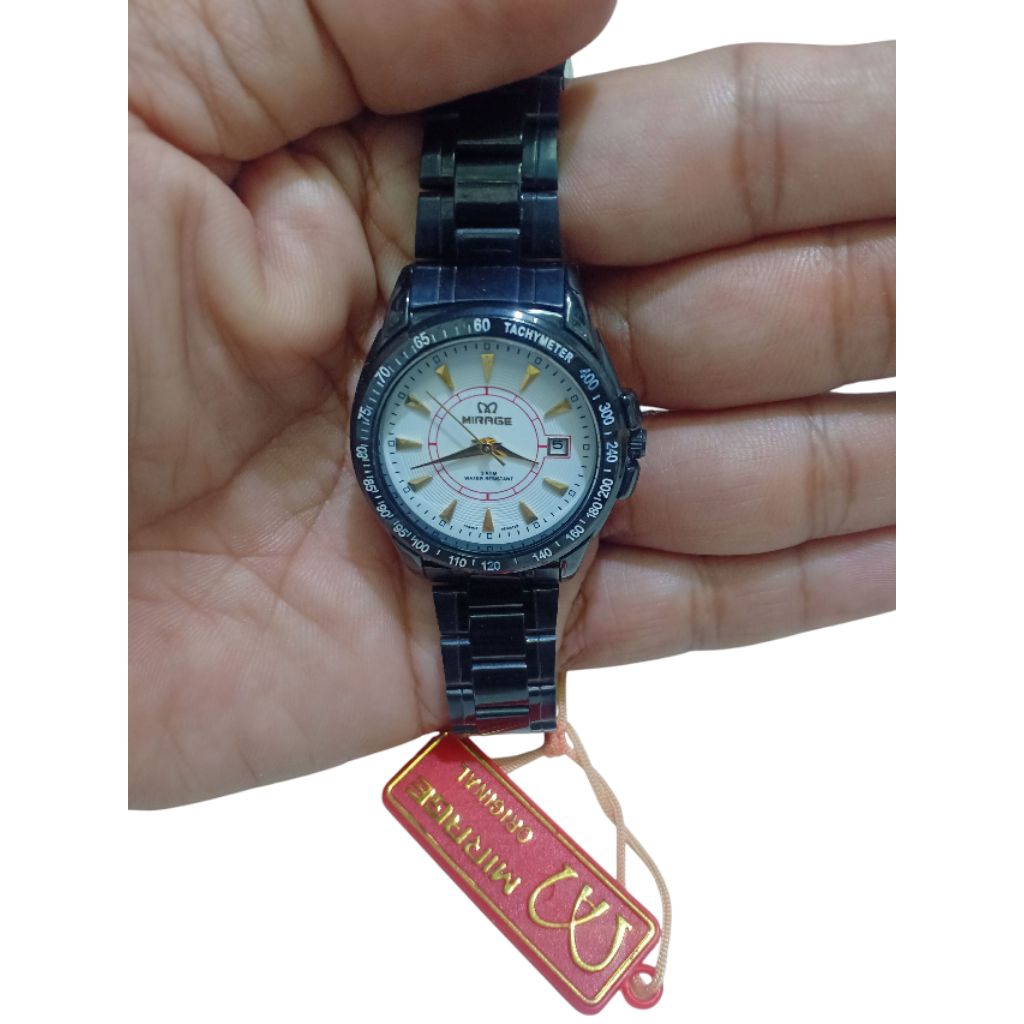 JAM TANGAN WANITA MIRAGE BRPL ORIGINAL TGL AKTIF TALI RANTAI HITAM STAINLESS STEEL WATER 3 ATM