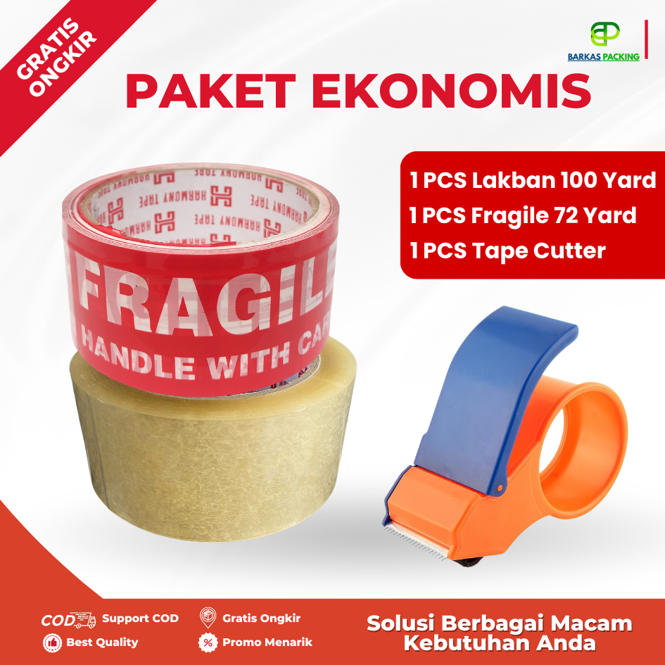 

Paket Packing Hemat Lakban 100 Yard Lakban Fragile 72 Yard dan Tape Cutter - Clear, White dan Coklat Lakban Fragile Merah, Kuat Lebih Murah paket Ekonomis
