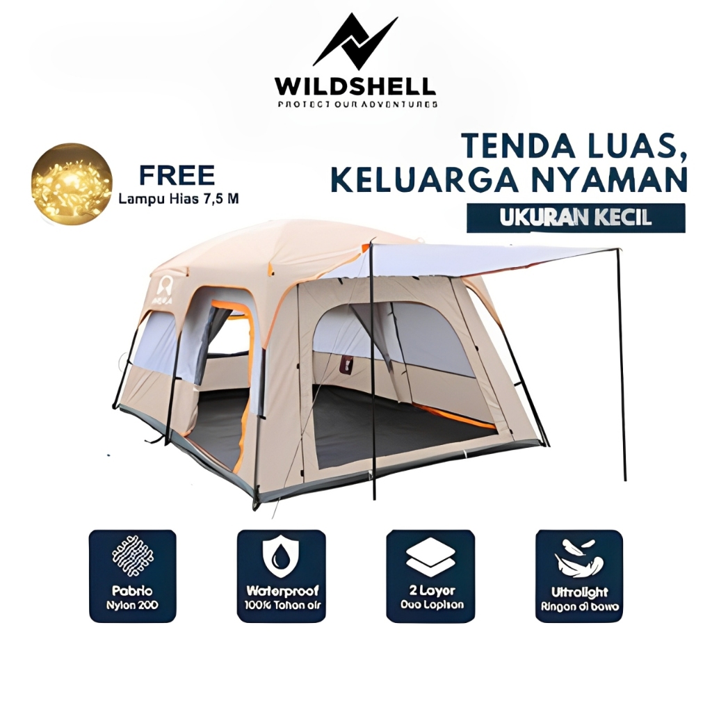 Wildshell - Tenda Camping Keluarga Kapasitas 4-5 Orang Tenda Camping Warna Cream 2 Ruang