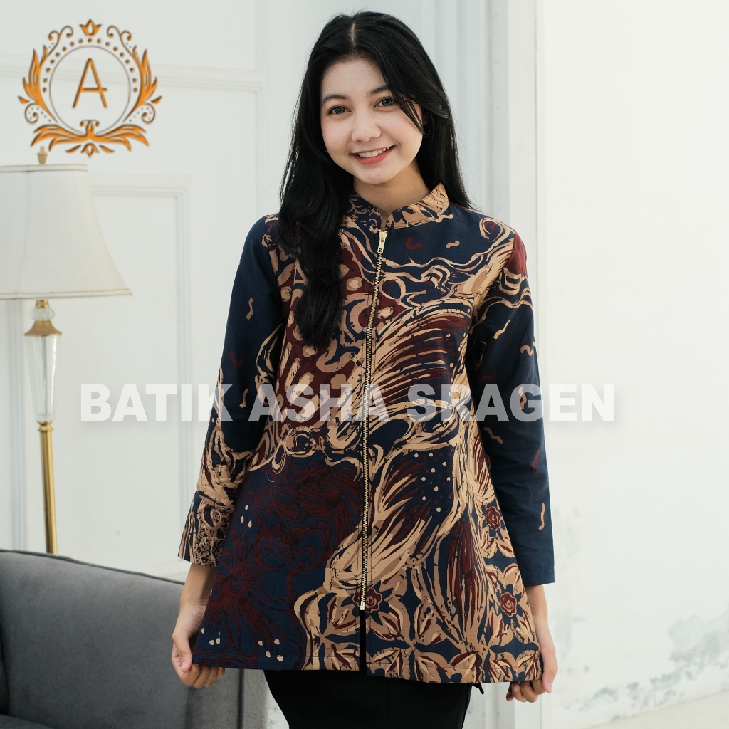 BATIK ASHA-TUNIK WANITA-MOTIF ABSTRAK DAUN Warna Navy Kombinasi Maroon-LAPIS TRIKOT