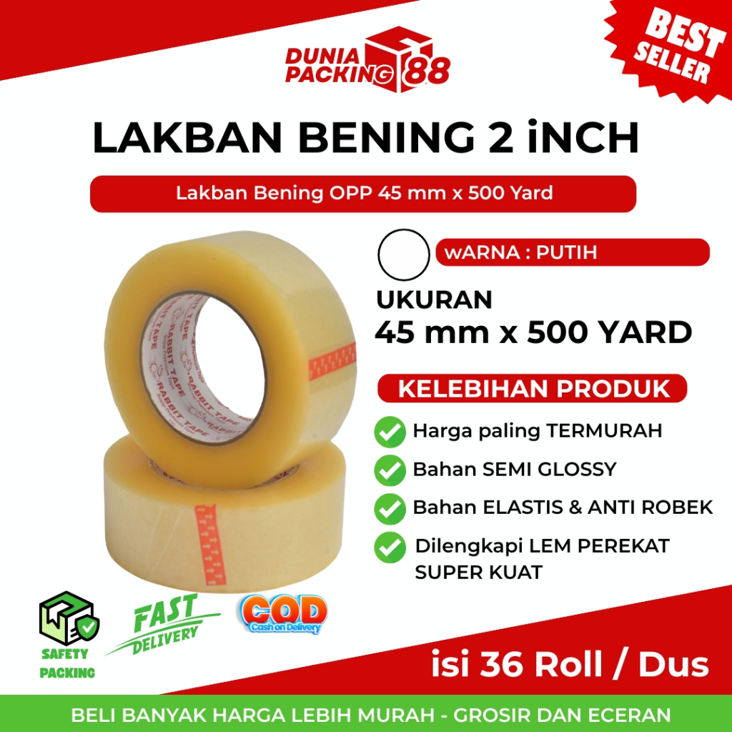 

Lakban Bening 45 mm x 500 Yard Selotip 2 Inch Tape Kualitas Rabbit Tape / Solasi Lakban Bening [Dunia Packing88]