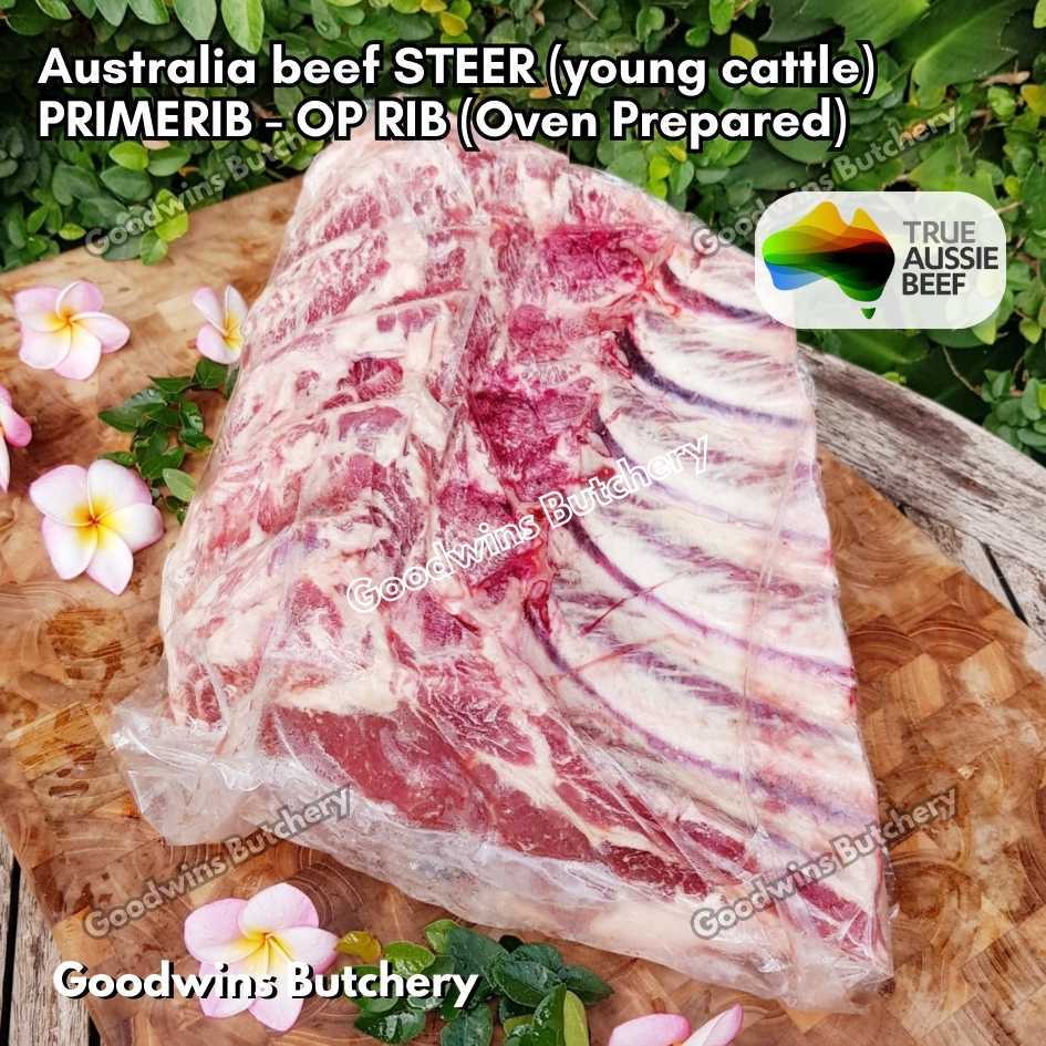 

Beef PRIMERIB OP RIB (Oven Prepared) WHOLE CUT 5-7 RIBS 7-9kg UTUH Australia STEER (young cattle) KILCOY BLUE DIAMOND aged frozen Prime Rib