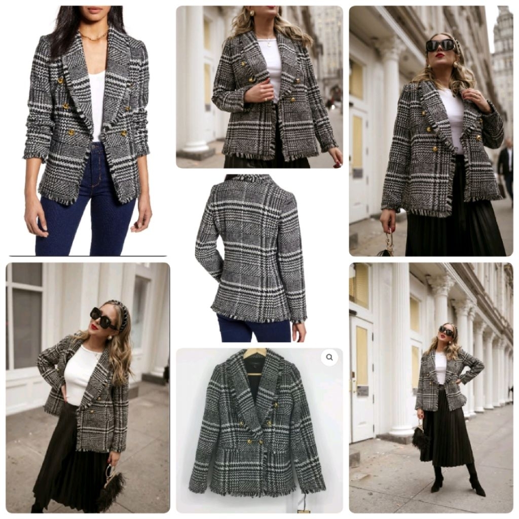 Pr+mark plaid tweed blazer / H*logn tweed blazer tweed casual blazer open blazer tweed baju kantor j