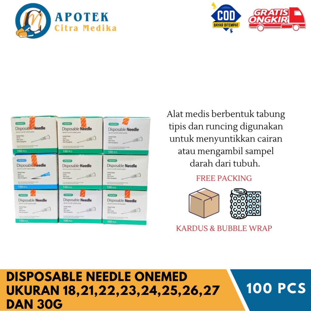 DISPOSABLE NEEDLE ONEMED (1 KOTAK ISI 100PCS) -JARUM SEKALI PAKAI UKURAN 18/21/22/23/24/25/26/27/30G