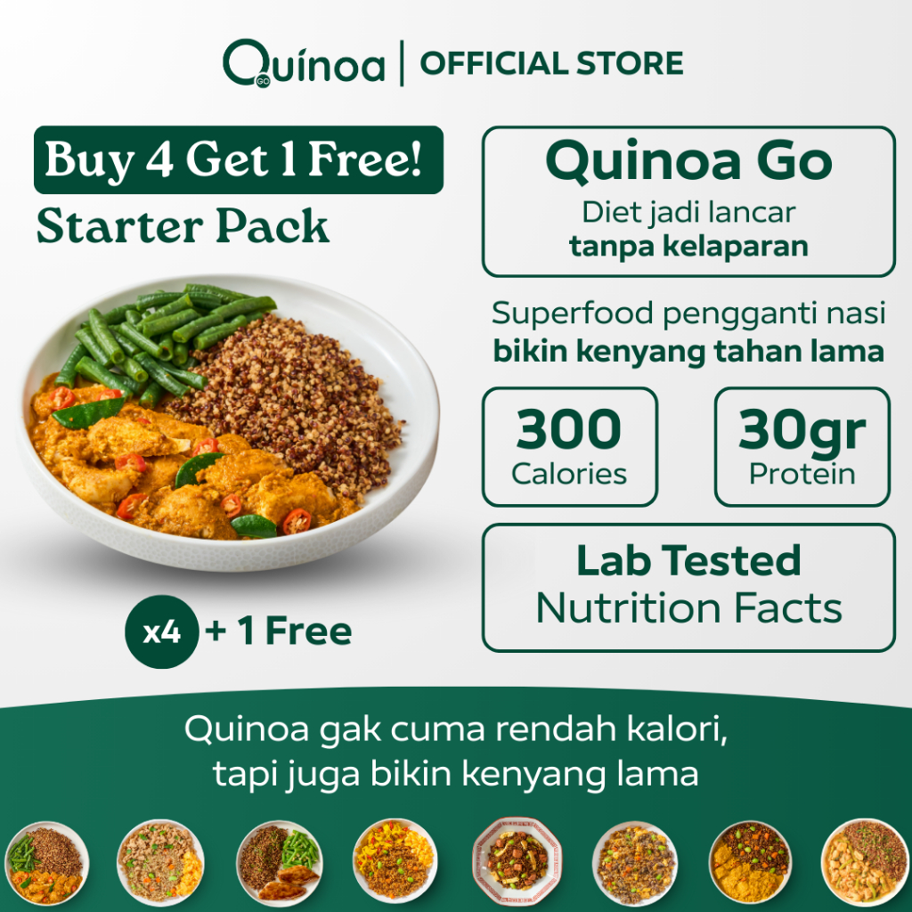 

QUINOA GO Best Seller Paket Diet Buy 4 Get 1 Free - Meal Prep Superfood Makanan Sehat Weight Loss High Protein Fiber Low Calorie Nasi Goreng Kampung Siap Saji Frozen Kirim Instan Ayam Sapi Ikan Woku Padang