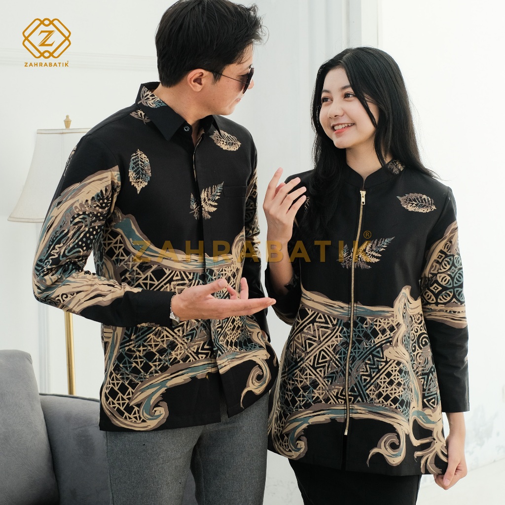 Batik Zahra-Batik Pria Lengan Panjang-Tunik Wanita-Batik Pasangan-Motif Kalpataru Warna Hitam Mint