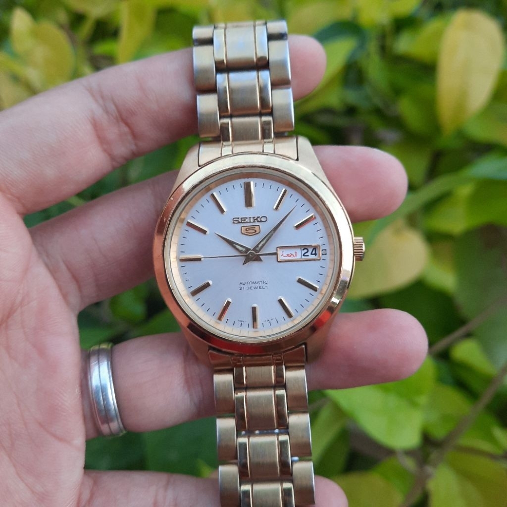 Seiko 5 Automatic SNKM50 White Sunbrust Dial Gold Case