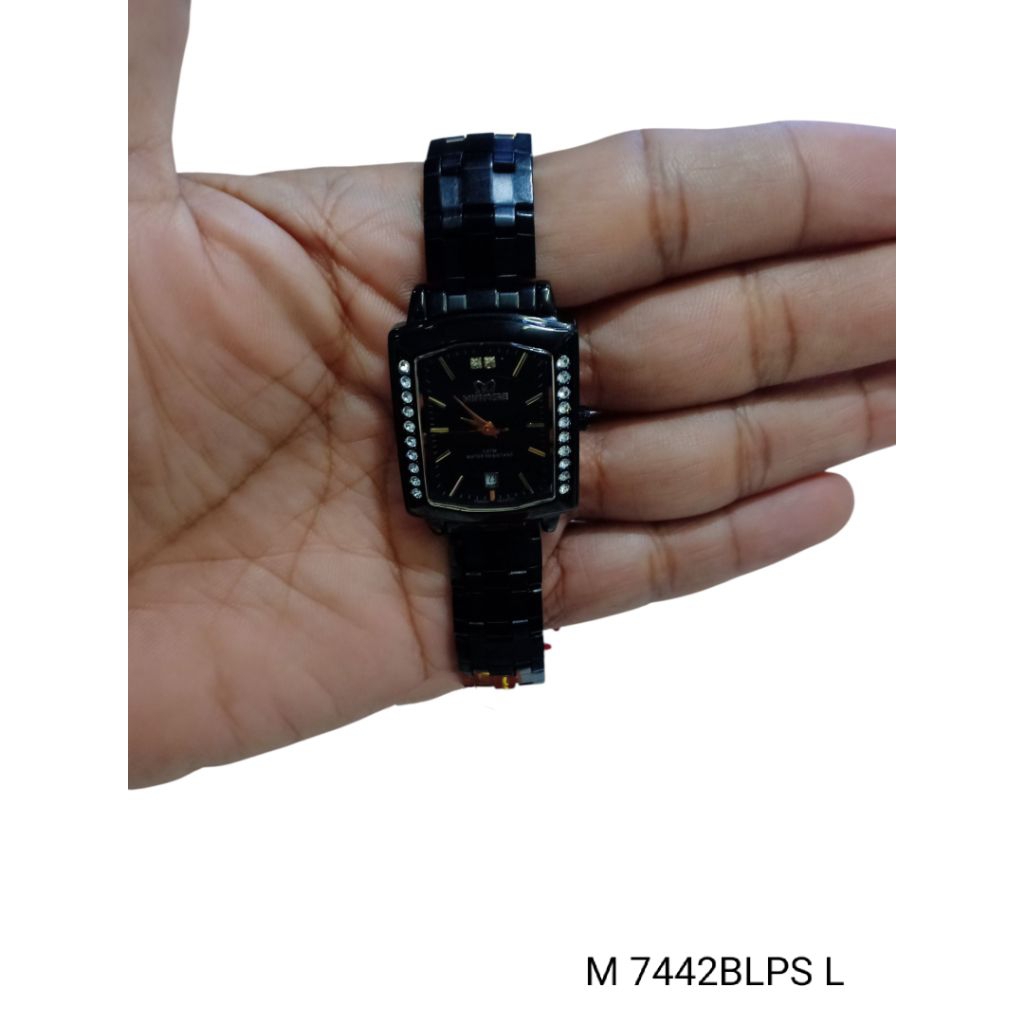 JAM TANGAN WANITA MIRAGE M 7442BLPS-L TGL AKTIF TALI RANTAI HITAM STAINLESS STEEL WATER RESISTANT 3 