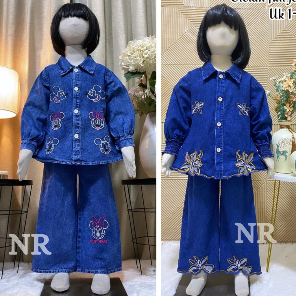 Setelan Jeans Bordir Motif mickey Mouse Anak Perempuan-Stelan kulot Jeans import korean style usia 3