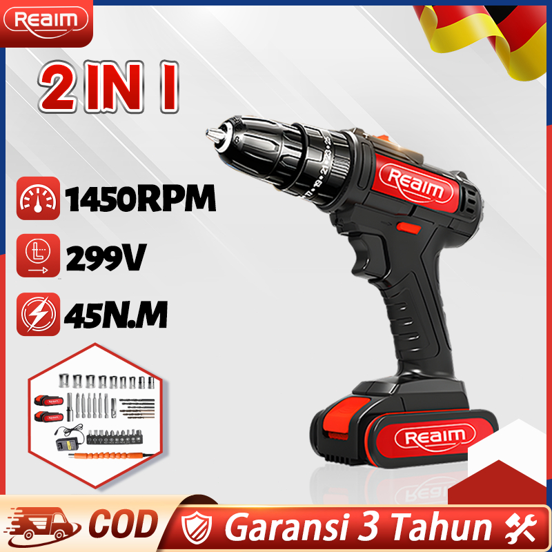 REAIM Mesin Bor Cordless Bor Baterai Bor Listrik Beton Besi Kayu Full Set Pilihan Bor Tanpa Kabel Bo