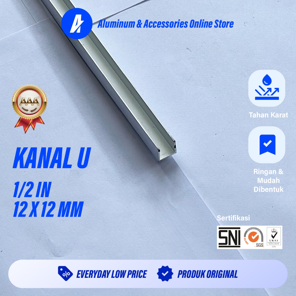 Aluterra Aluminium U | List U | Kanal U | 12x12 mm 1/2 Inch Tebal 0.9 mm