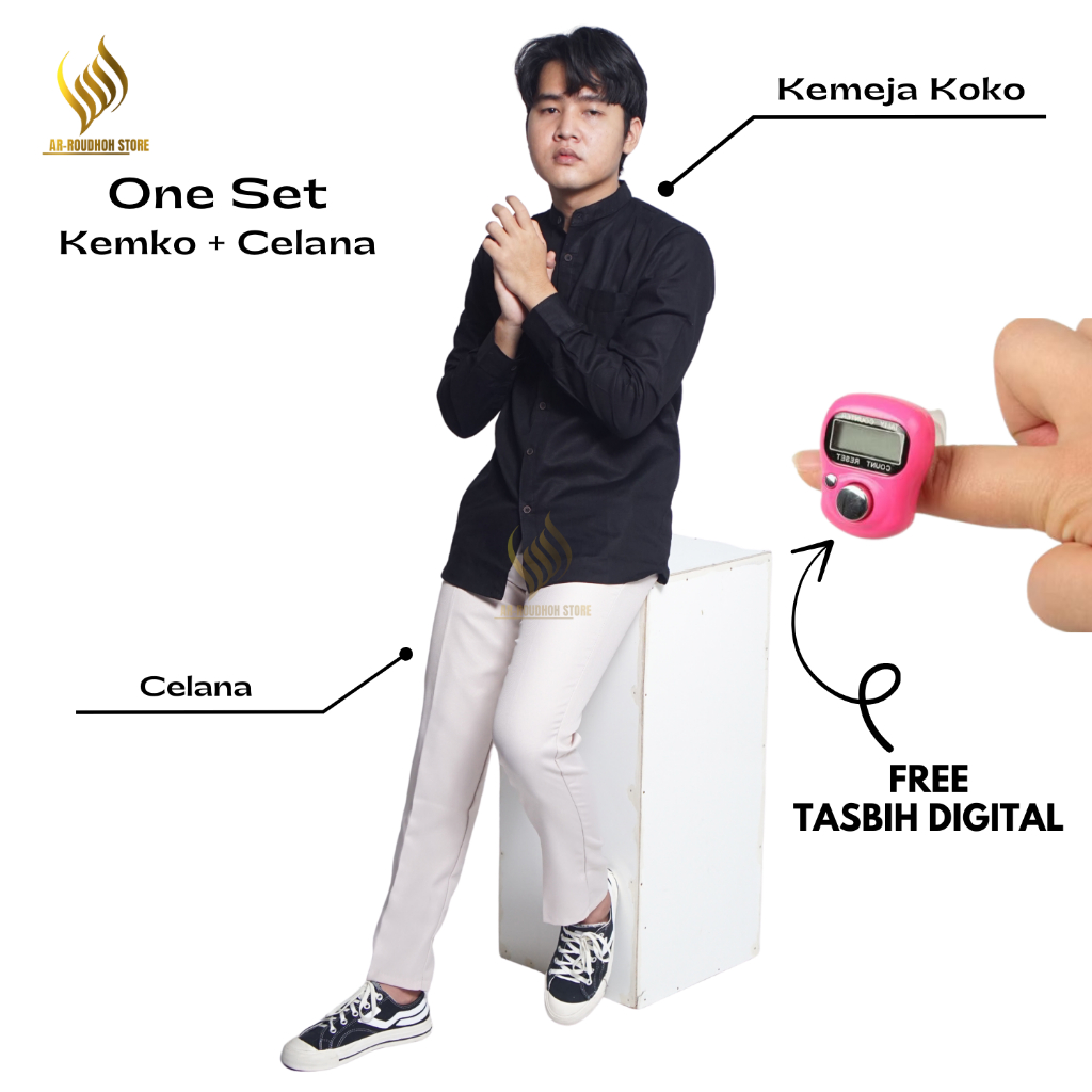 Arroudhoh Baju Koko Setelan Pria Dewasa Kemko Celana Muslim Bahan Katun Polos Lengan Panjang One Set