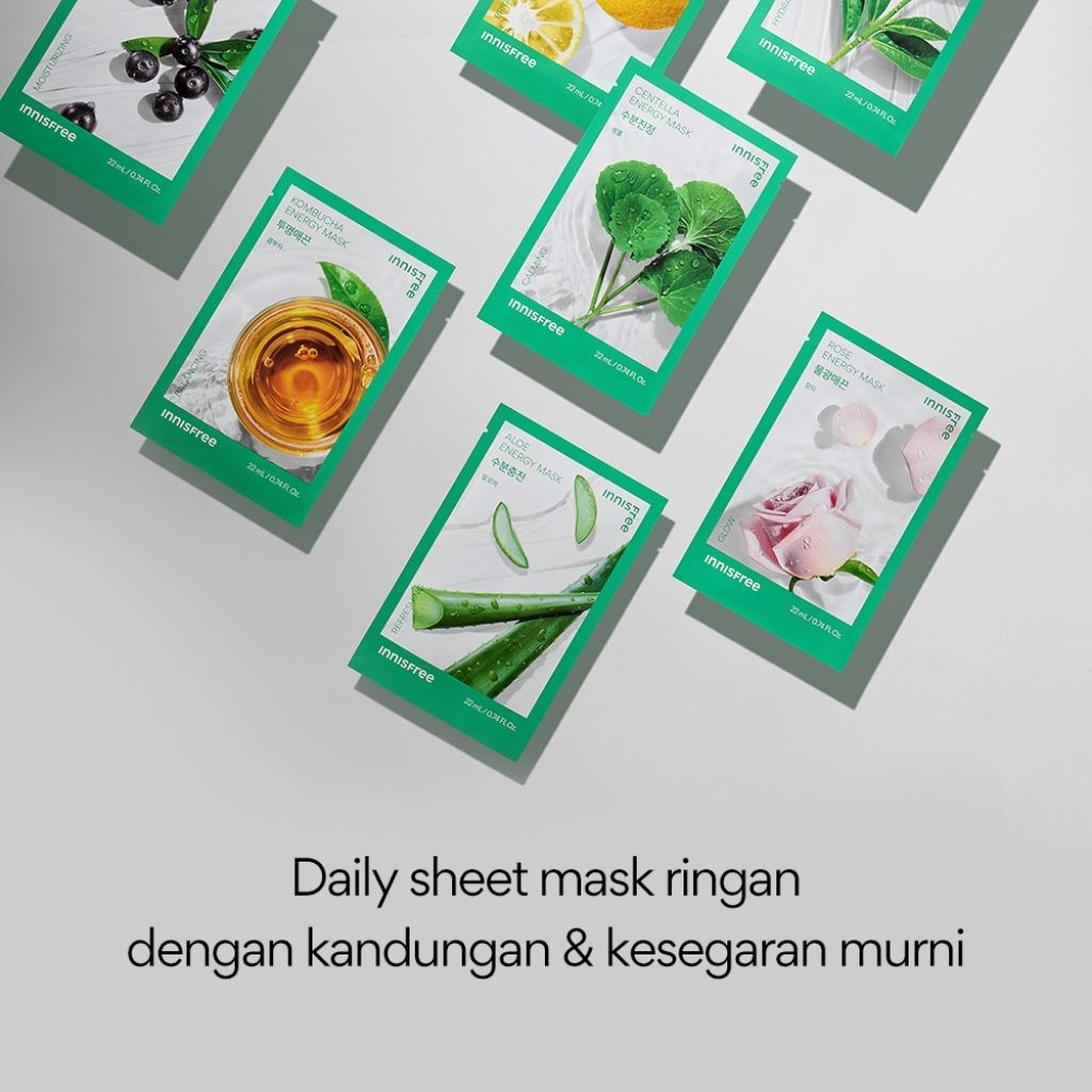 INNISFREE Energy Mask Serum Masker Wajah Muka Face Facial Sheet Green Tea Rose Heartleaf Yuzu Kombuc