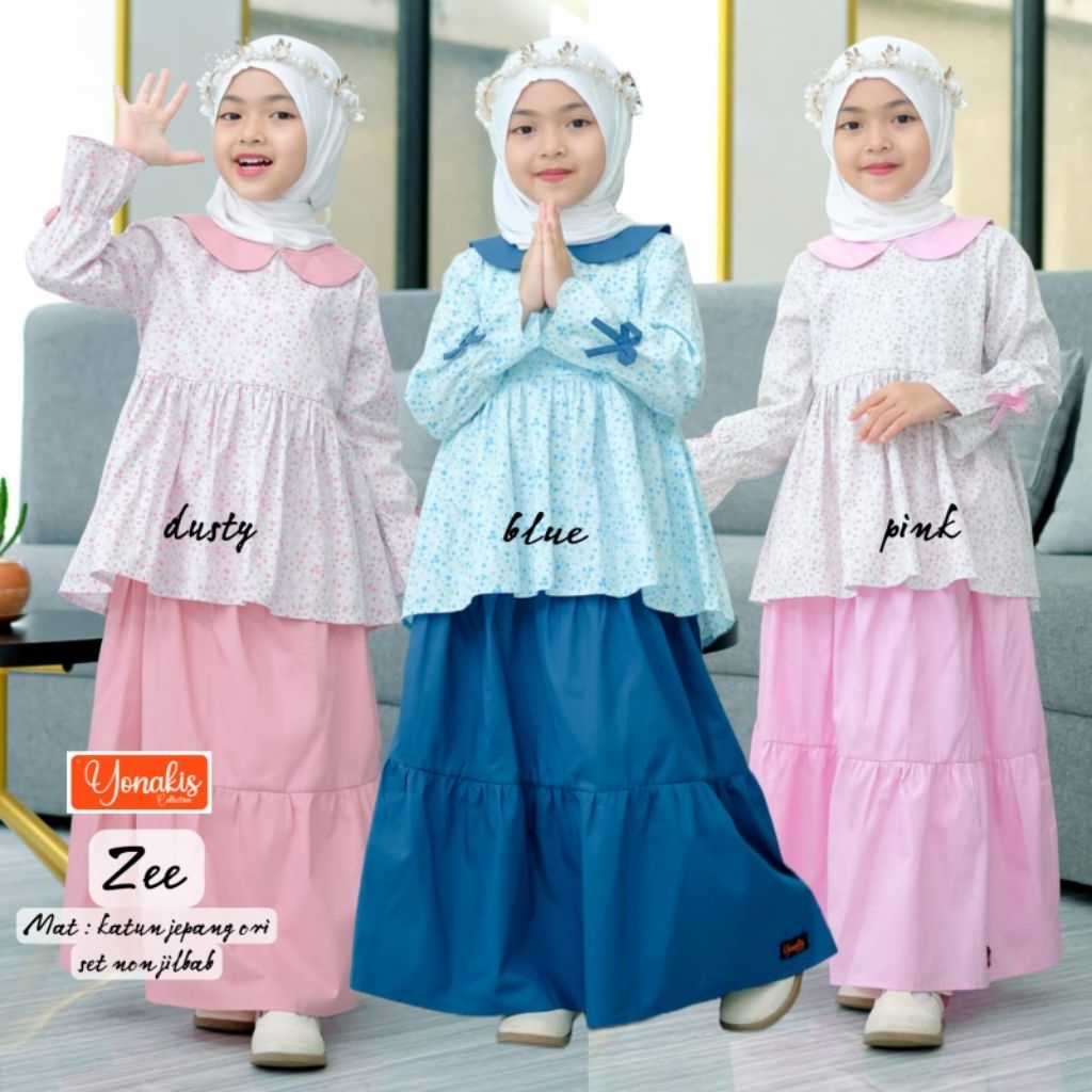 SISOL - ZEE SETELAN ANAK TUNIK Bunga +ROK Polos (TANPA Jilbab) Yonakis - Baju Kids Bahan Katun Jepan