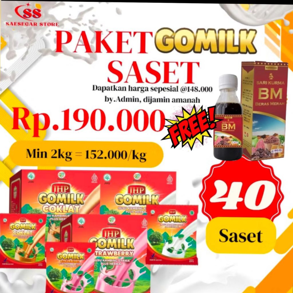 

Susu Kambing Etawa Gomilk Herbal 1kg (40 Sachet) + FREE Sari Kurma Atasi Asma Asam Urat Asam Lambung