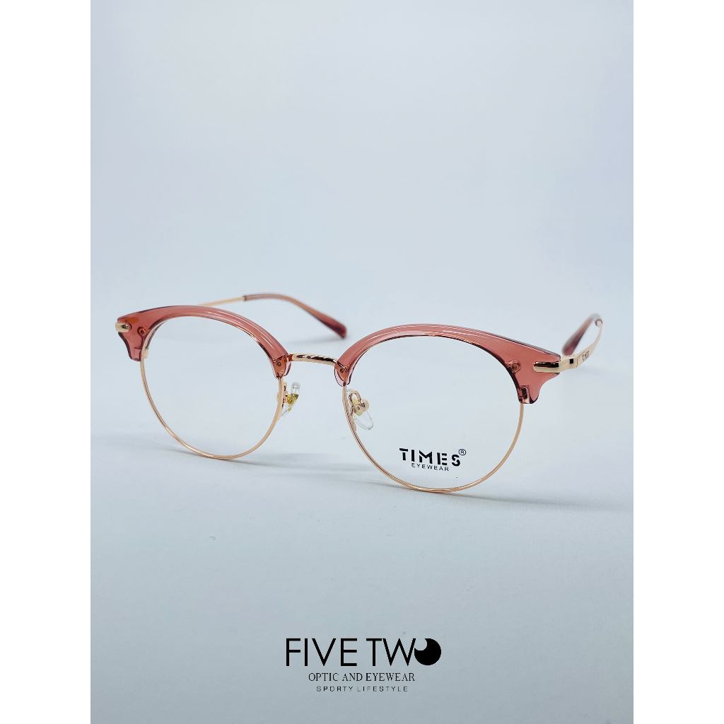 Times Eyewear – Frame Kacamata Clubmaster Bulat Rose Gold Pink – Pria/Wanita – Minus/Plus/Blue Light
