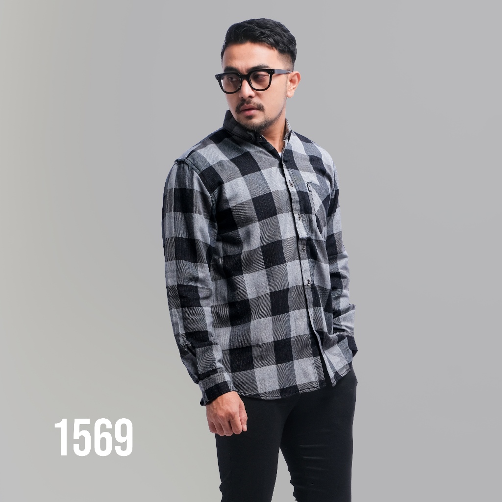PAKAJI Kemeja Flanel Pria Lengan Panjang Kotak Abu dan Hitam Kemeja Pria Flanel Pria Kemeja Panjang 