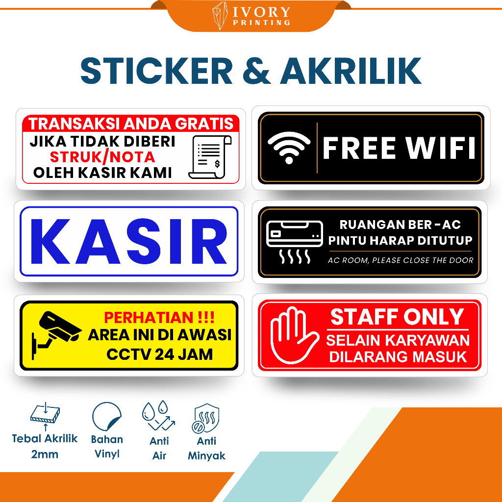

Stiker & Akrilik Papan Informasi Toko (CCTV, Free Wifi, Kasir, Staff Only) Ukuran 30 x 10 cm