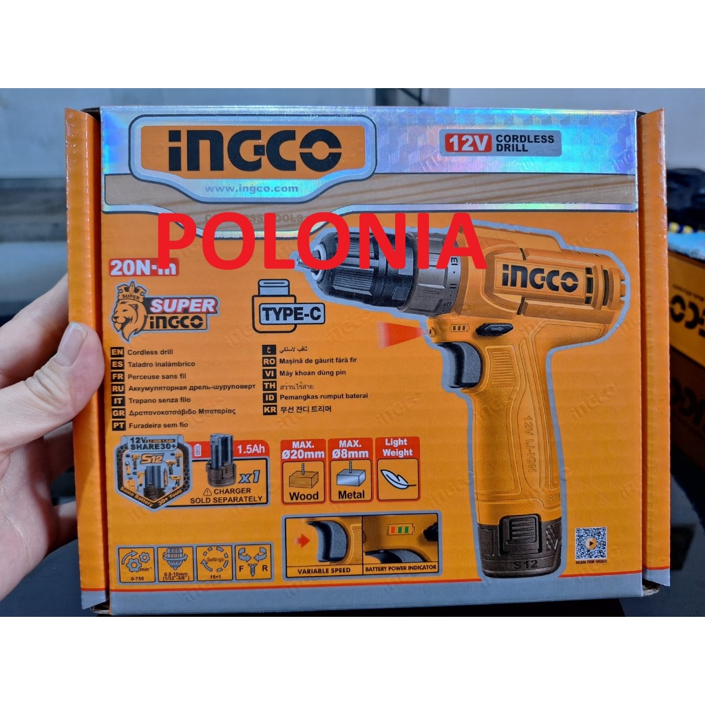 Ingco 12V 20NM Bor Cordless dengan 1 Pcs Paket Baterai 1.5Ah untuk Pengencangan dan Pengeboran - Mod