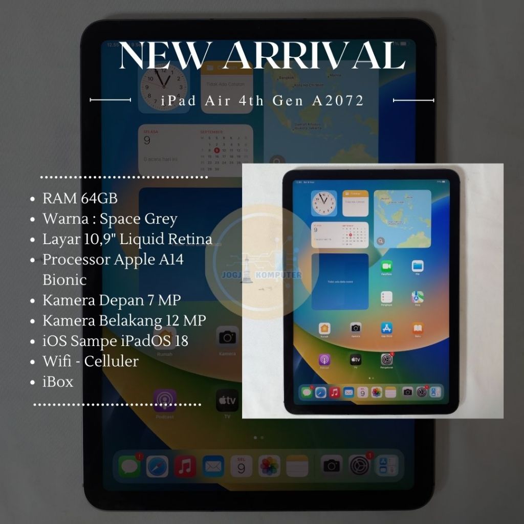 iPad Air 4 (4th Gen) A2072 64GB Space Grey | Layar 10,9" Liquid Retina | WiFi + Seluler | iBox | Sec