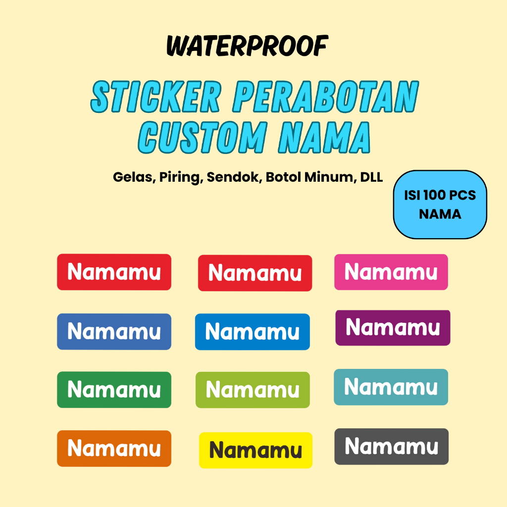 

100 PCS Stiker Barang Custom Nama Piring Sendok Botol Gelas Perabotan timbul waterproof label Ajaibb