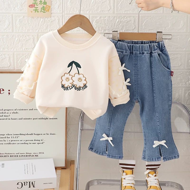 Setelan Jeans Import Premium Anak Perempuan Usia 1-4 Tahun | Baju Sweater Lengan Panjang Renda Rempe