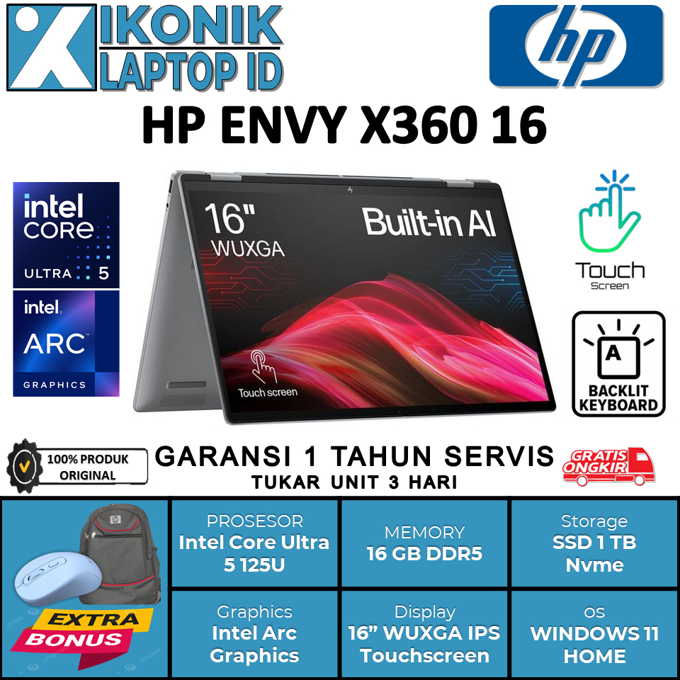 Laptop Touchscreen HP ENVY 16 X360 Intel ULTRA 5 125U Ram 16GB Ssd 1 TB Nvme Layar 16"  WUXGA Touch