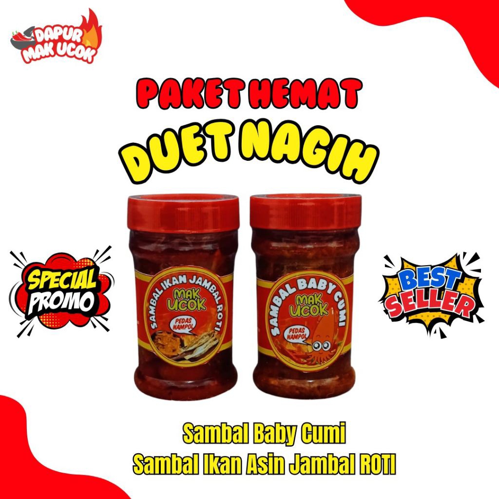 

Paket Hemat Duet Nagih Isi 2 Sambal Baby Cumi + Sambal Ikan Asin Jambal Roti - Pedas Nampol