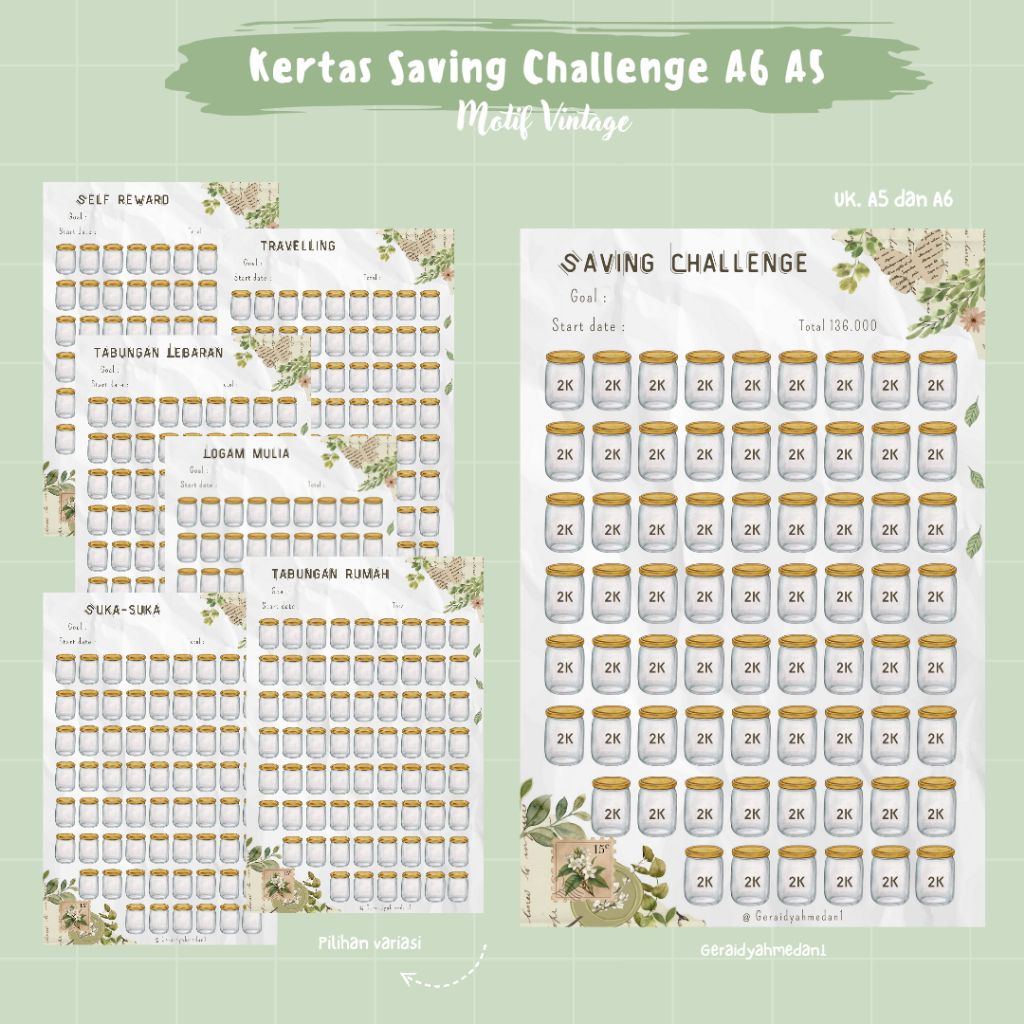 Kertas Binder Saving Challenge A6 A5 Motif Vintage