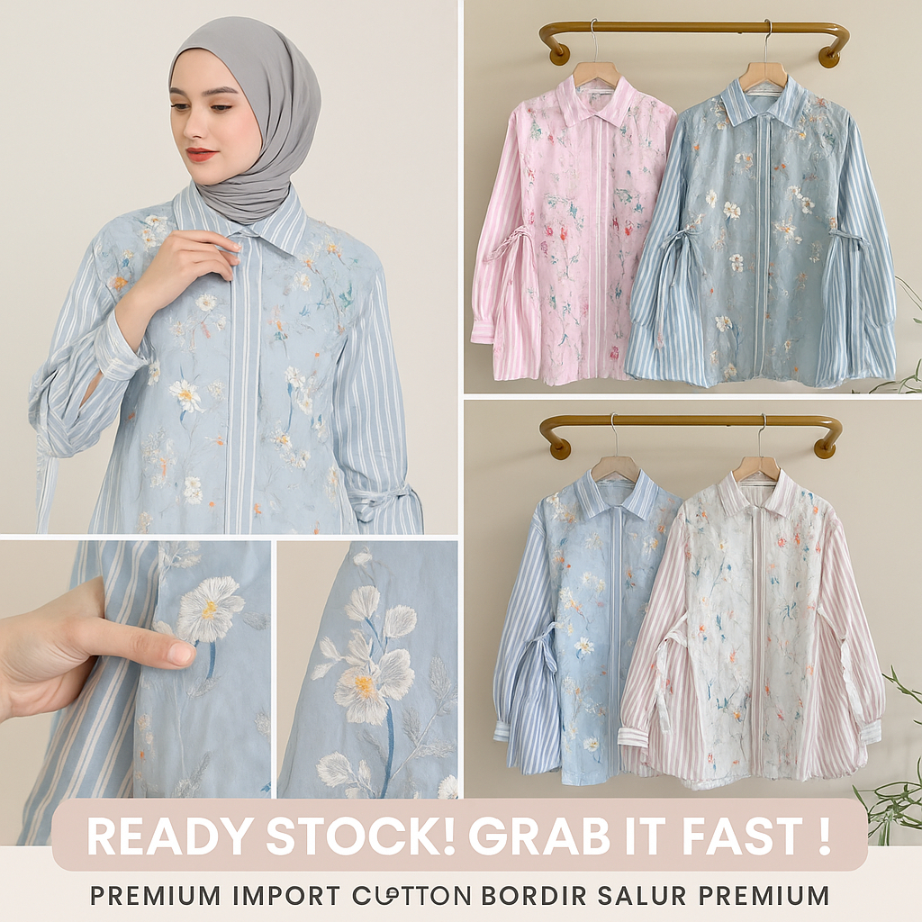 Blouse Wanita Katun Bordir Salur Premium Import – Atasan Tunik Motif Bunga Elegan Lengan Panjang Fit