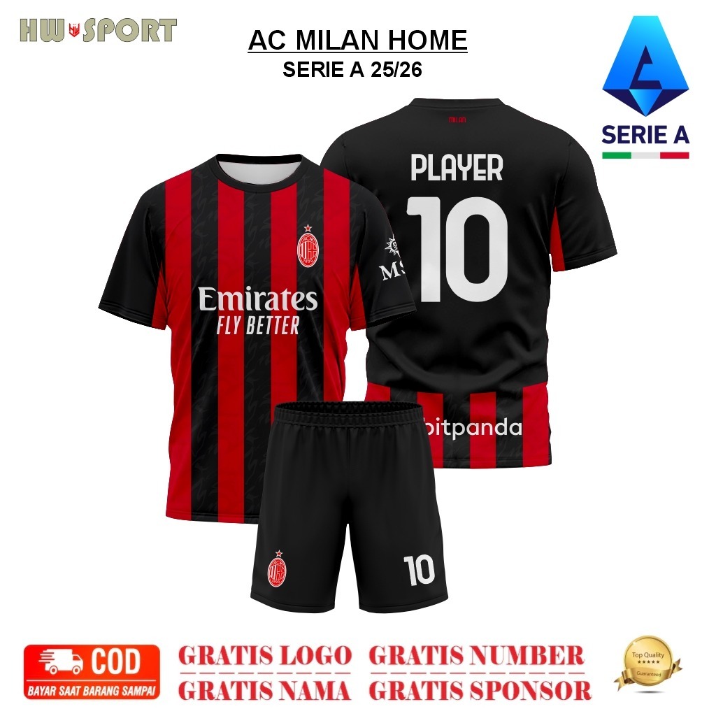 Jersey AC MILAN HOME HITAM NEW SEASON 25/26 TERBARU Full Printing Premium Free Nama & Nomor Punggung