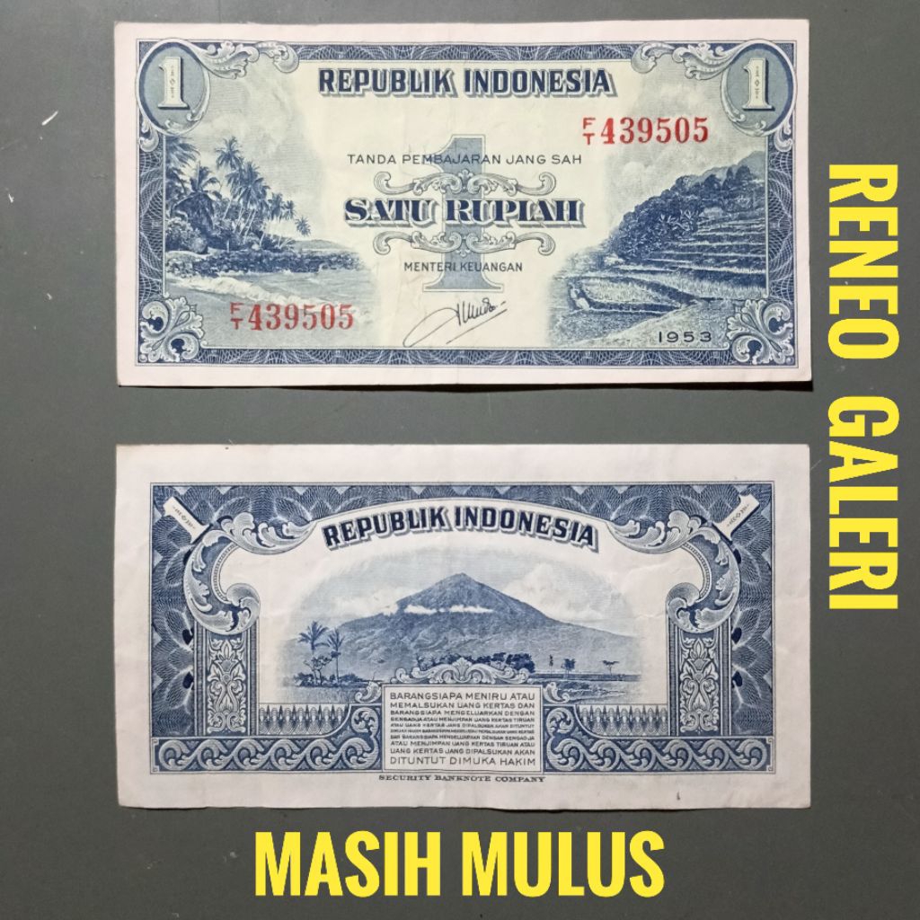 Mulus 1 Rupiah Tahun 1951 1953 Seri Pemandangan alam Rp Uang Kertas kuno duit jadul lawas lama Indon