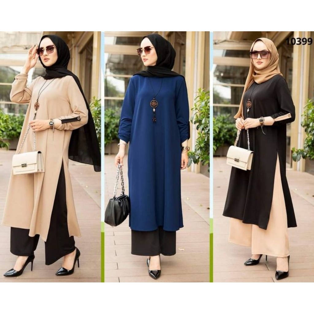 Nabila Set Crinkle Airflow Baju Muslim Wanita Setelan Celana Tunik Panjang Belah Samping/ One Set De