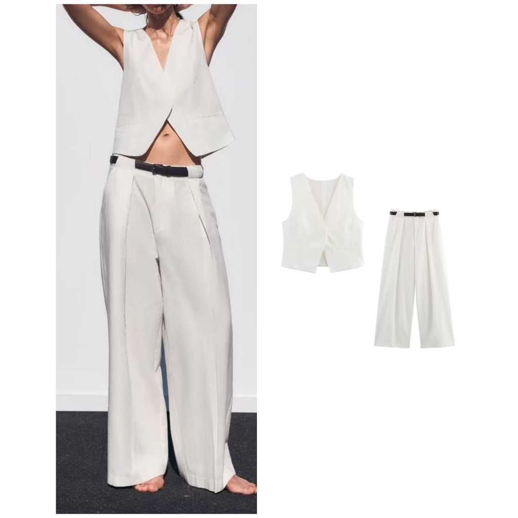 READY STOCK White Waistcoat Coord Set Vest Pants