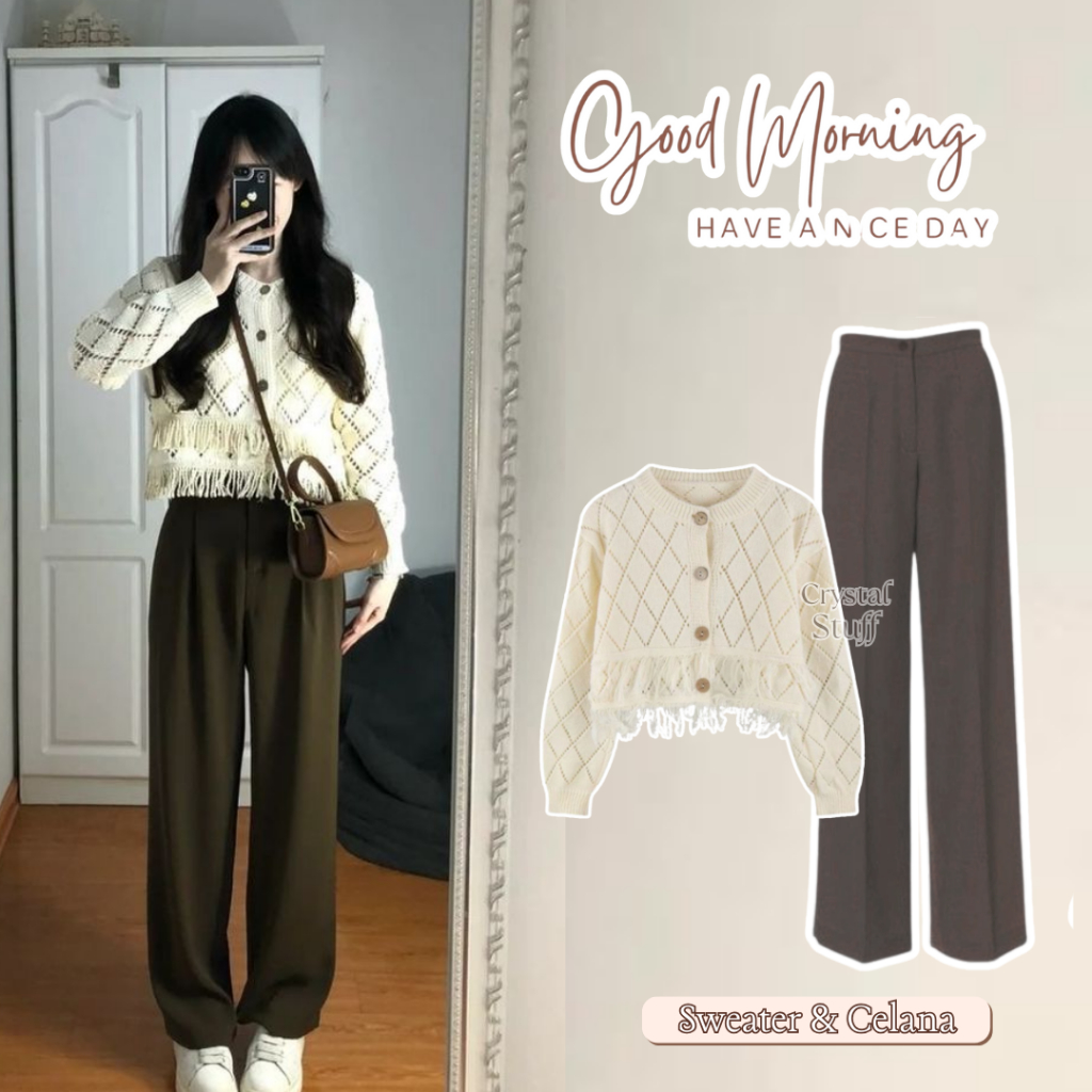 Crystalstuff - One Set Korean Style 2 In 1 Simple Stylish Sweater Pants Outfit Hangout Set AD448
