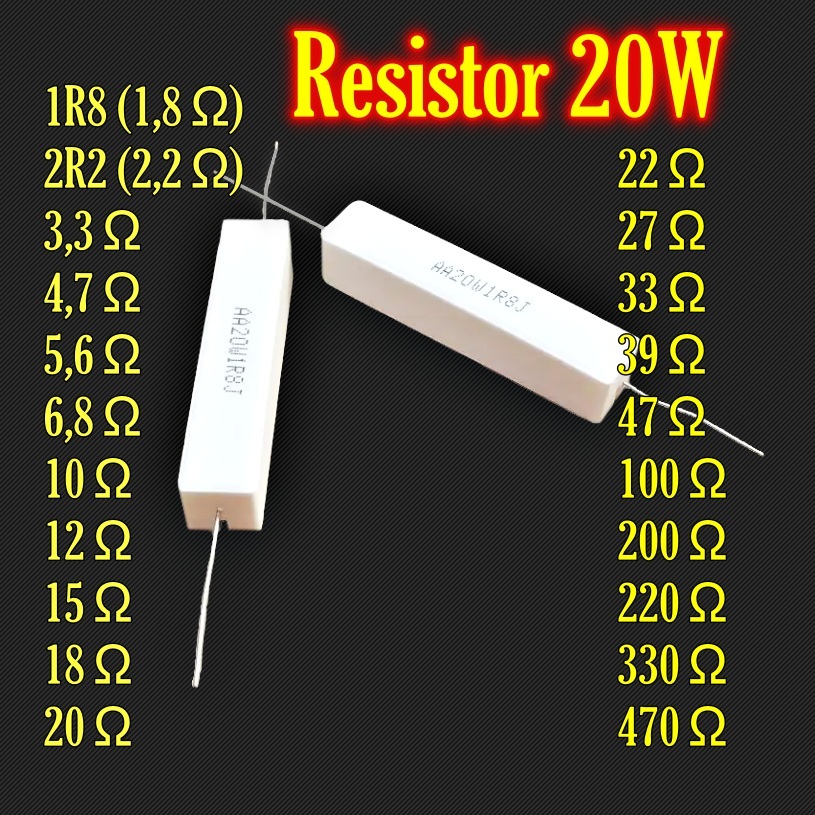 5Pcs Resistor 20W 1R8 2R2 3,3 Ohm 4,7 5,6 6,8 10 12 15 18 20 22 27 33 39 47 100 200 220 330 470 Ohm 