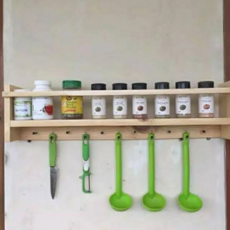 Rak kayu / Rak kayu bumbu dapur tempel dinding lengkap cantolan