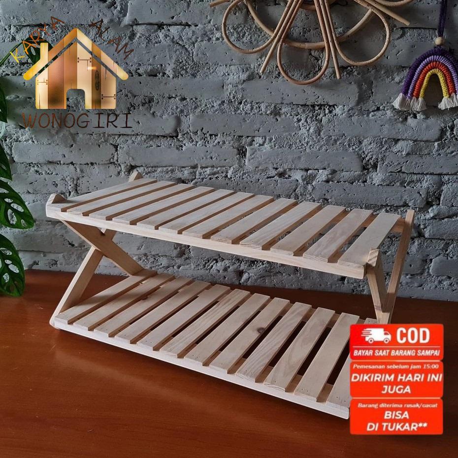 Rak Sepatu 2 Susun Kayu Zigzag Portable Pot Minimalis
