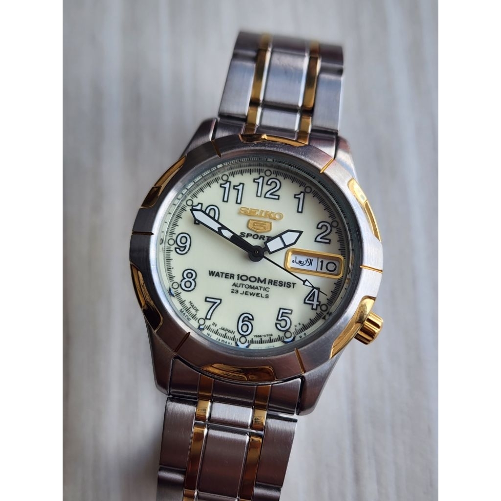 Seiko 5 Sports SNZ196 Full Lume Dial Arabic Number Two Tone Bracelet Made In Japan