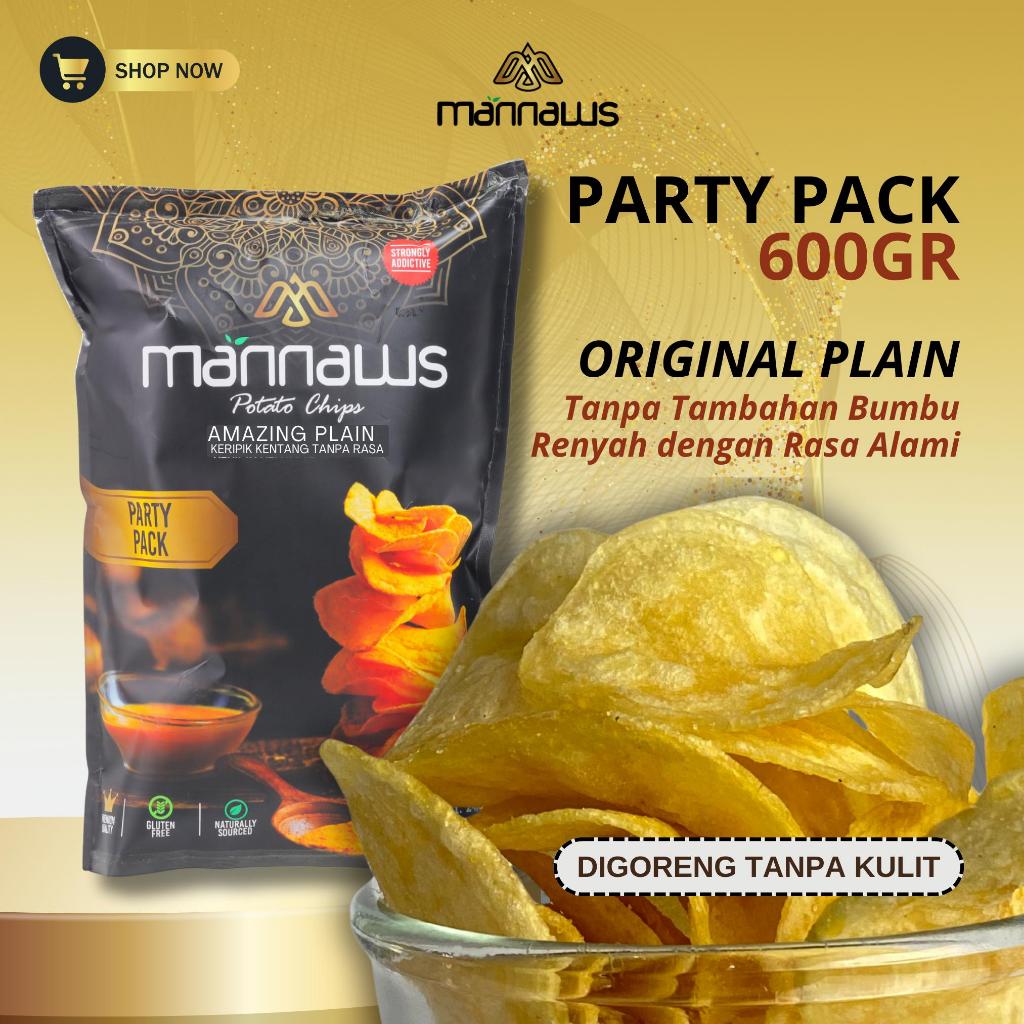 

Mannaws Potato Chips Snack Keripik Kentang - Ukuran Party Pack 600g - Amazing Original Plain (Tanpa Rasa)
