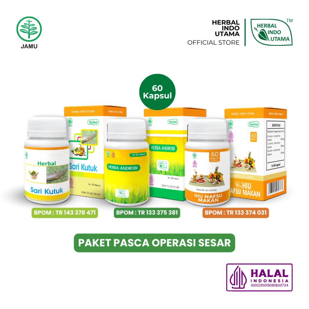 

Paket Terapi Herbal Pasca Operasi Caesar Herbal Indo Utama Sari kutuk-HIU nafsu makan -Herba Androbi-