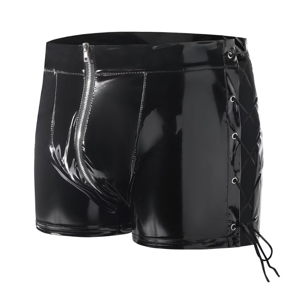 Men's PVC Mirror Shiny Leather Flat Corner Shorts Sexy Zipper Open Cut Leather Shorts